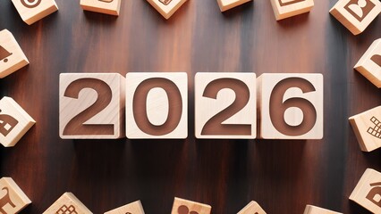 The Year "2026" in Wooden Blocks Business Icons Planning Timeline Display Design