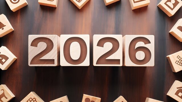The Year "2026" in Wooden Blocks Business Icons Planning Timeline Display Design