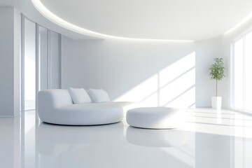Fototapeta premium Modern minimalist living room with white sofa, round coffee table, indoor plant, and large windows for bright natural light and open space.