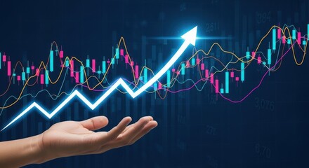 Photo of a hand presents a rising stock market graph with an upwardpointing arrow, symbolizing financial growth and successful investment strategies in a dynamic economic environment