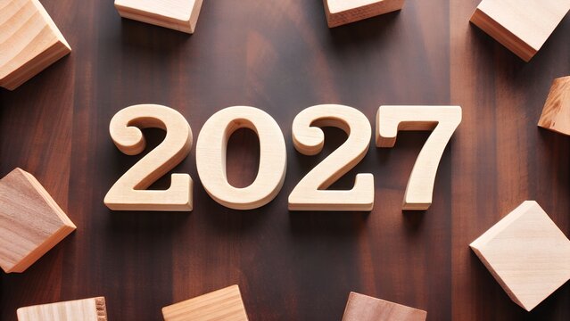 The Year "2027" in Wooden Blocks Minimalist Design and Timeline Display Concept