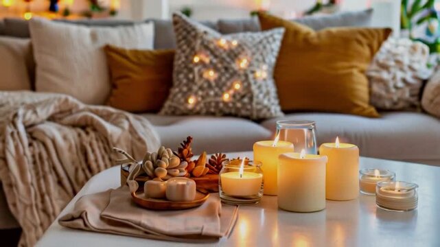 a composition of candles beautifully arranged on a white table. In the background, a comfy sofa with soft plaids and pillows creates the perfect ambiance for a cozy evening at home..