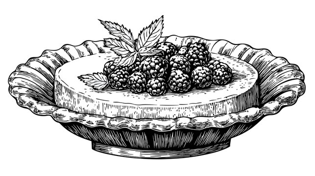 Hand-drawn illustration of a pie with berries.