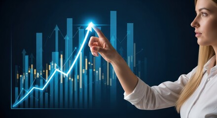 Photo of a woman is interacting with a virtual graph that shows an upward trend, representing business growth and financial success