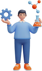 3D character with science equipment and gear representing innovation and technology transparent background
