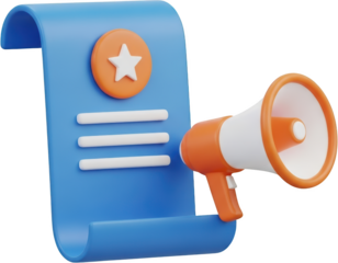 3D render of a blue scroll with a star emblem and an orange megaphone isolate