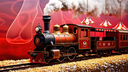 Vintage Steam Train on Popcorn-Covered Tracks with Circus Lamps