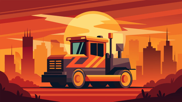The fiery colors of the sunset reflect off of the polished surfaces of heavy machinery giving them a warm and almost magical quality.. Vector illustration