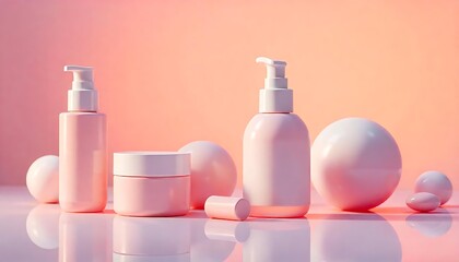 Stylish skincare products display with soft pastel pink tones and sleek minimalistic presentation, ideal for cosmetic and wellness marketing.