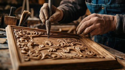 Hand-carved wooden picture frame, artisan sculpting elegant details with fine craftsmanship, warm workshop ambiance, rustic background —ar 16:9 