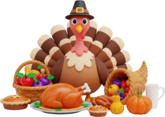 Cartoon turkey wearing a pilgrim hat with roasted turkey pies pumpkins and fruit baskets transparent background