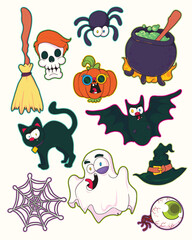 Colorful Halloween cartoon set with witch hat ghost cat bat pumpkin eyeball skull broom spider web and cauldron Perfect for spooky party prints cute art and more