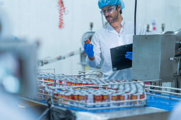 A food processing supervisor wearing protective gear and holding a clipboard, inspecting machinery...