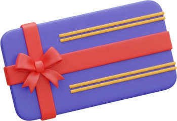 A blue gift card with red ribbon and bow plus two yellow decorative lines isolate