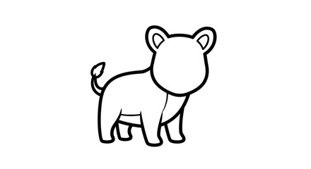 Fototapeta premium Simple black and white illustration of a cartoon lion cub standing, facing forward with a curved tail.