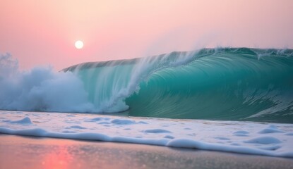 A large turquoise wave crashing near the shore under a soft pink sunset sky on a calm day at the beach