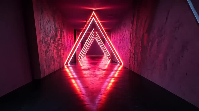 Futuristic hallway with neon lights creating triangular patterns, reflecting vibrant colors on the floor - Powered by Adobe