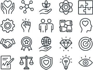 Core values as trust, integrity, environment, empowerment, strategy, morality and more editable stroke outline icons set isolated on white background flat vector illustration