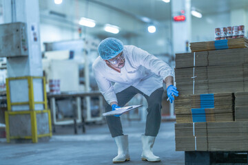A food processing supervisor in protective gear inspecting packaging materials in a factory,...