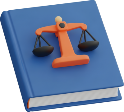 Blue book with orange scales of justice symbol isolate law legal court
