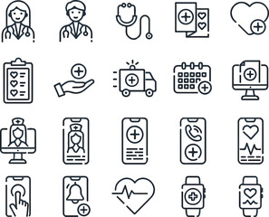 Telemedicine and virtual doctor related editable stroke outline icon isolated on white background flat vector illustration