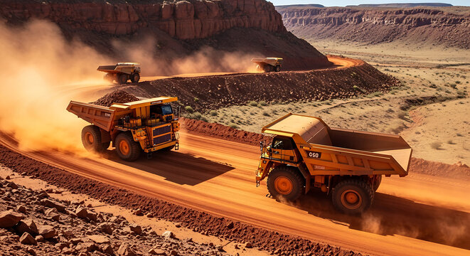 Heavy yellow construction vehicles drive on a red dirt road through a dry, arid landscape. - Powered by Adobe