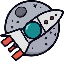 A cartoon rocket launching from a stylized moon.