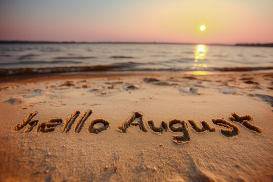 Hello August Written in Soft Wet Sand Near Ocean at Golden Hour with Peaceful Pastel Tones – Perfect for Seasonal Wall Art and Social Media Design - Powered by Adobe