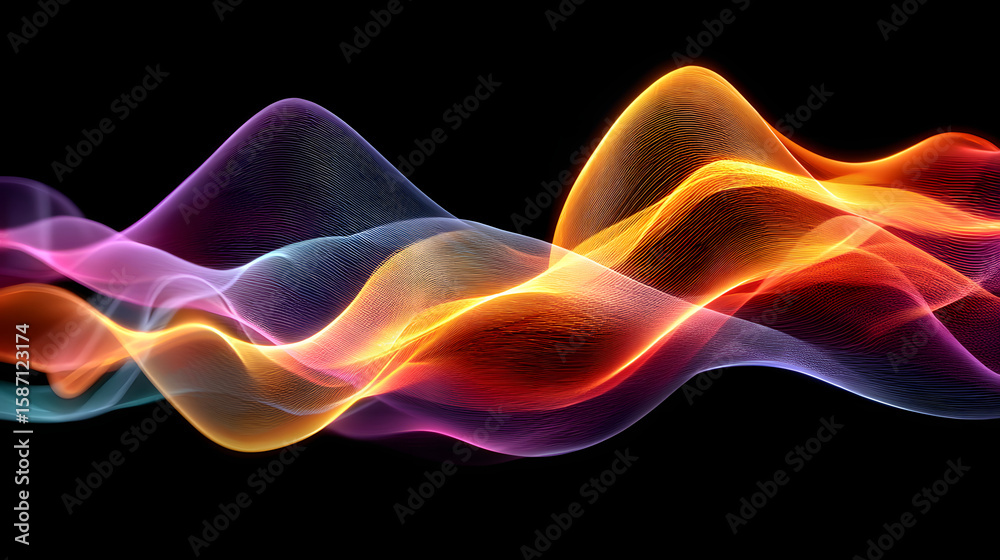 Poster abstract wave lines pattern dynamic colorful light flowing isolated on black background. concept of 