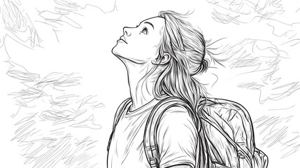 Fototapeta premium A young woman with a backpack, gazing upwards.