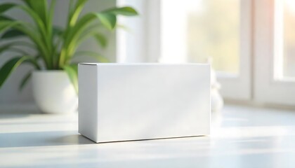 Minimalist mockup showcases a white box against a bright window and leafy green plant creating a clean, modern packaging display.