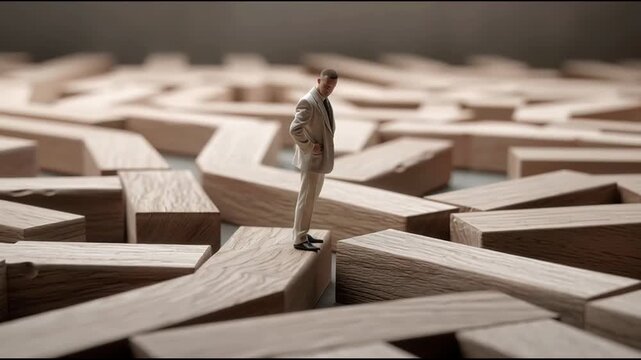 Man standing in a maze representing leadership challenges and navigating complex pathways in organizational dynamics. Leadership Maze Navigation &ndash; Loopable Motion Graphic Version