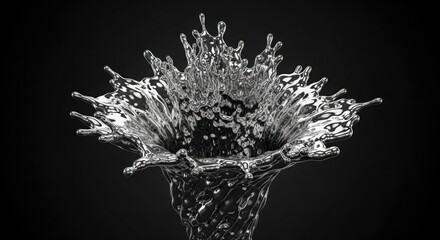 A dynamic splash of metallic liquid forms a twisting vortex, frozen mid-explosion against a dark background, creating a striking and abstract visual of fluid motion and reflective texture.