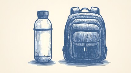 Hand-drawn illustration of a water bottle and backpack.
