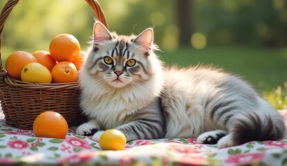 A fluffy cat lying on a floral blanket next to a basket filled with oranges and lemons outdoors