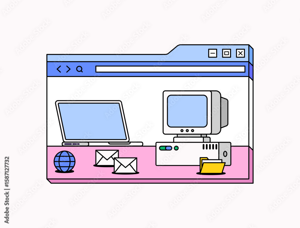 Fototapete Hand drawn illustration showing a modern laptop and a vintage desktop computer inside a web browser window, surrounded by icons like email envelopes, a globe, and folder for tech evolution visual