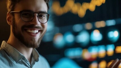 Young Businessman Smiling at Data Visualization, Professional Smiling at Financial Charts on Screen, Man Enjoying Success in Business Analytics
- Powered by Adobe