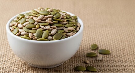 Healthy green beans, cardamom pods, and various seeds and nuts in a bowl on a white background