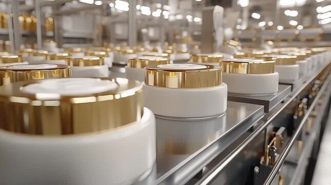 Cosmetic cream jars with shiny gold lids move in neat rows on a conveyor belt within an automated factory setting.
