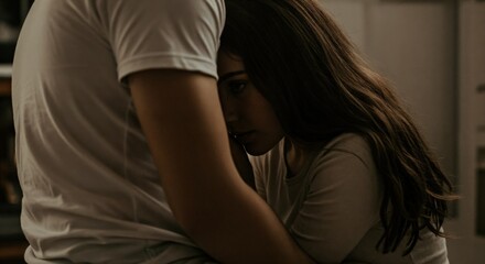 A young woman with a sad expression receives a comforting hug from her partner. Emotional support in a relationship.