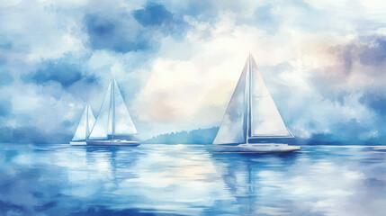 Fototapeta premium Hand-painted watercolor nautical scene, sailboats drifting under a breezy sky, peaceful ocean waves blending soft blues and whites, high-resolution art —ar 16:9 