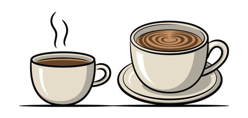Two steaming cups of coffee one with latte art on white background