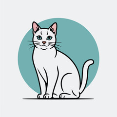 Stylized illustration of a white cat with blue eyes sitting in front of a teal circle