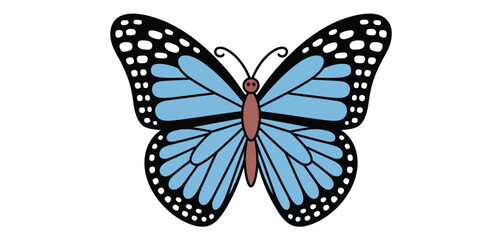 Stylized blue butterfly with black and white spots on white background