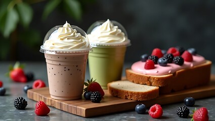 Delicious Dessert Delight: Berry-Topped Toast and Creamy Smoothies on Display, Whimsical Indulgence: Berry-Adorned Bread and Refreshing Smoothies in a Sweet Still Life