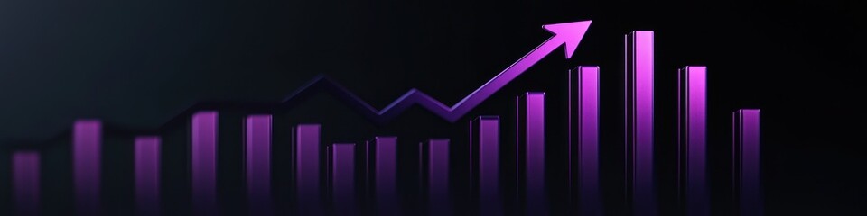 Purple bar graph with an upward trending arrow on a dark background showing growth and progress