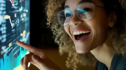 Young Woman Analyzing Data on Digital Screen, Excited Businesswoman Interacting with Data Visualizations, Professional Analyzing Graphs on Touchscreen
- Powered by Adobe