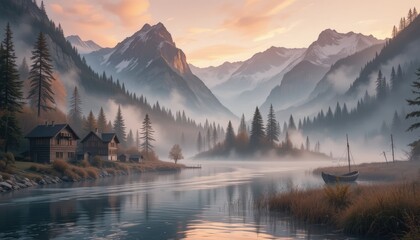 Naklejka premium A serene landscape featuring mountains, a river, houses, trees, and a boat under a soft sky light