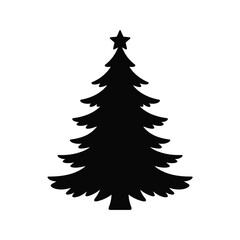Black silhouette of a christmas tree with a star on top isolated on white background