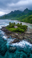 Aerial view of a remote house on a tropical motu in Tahiti, French Polynesia